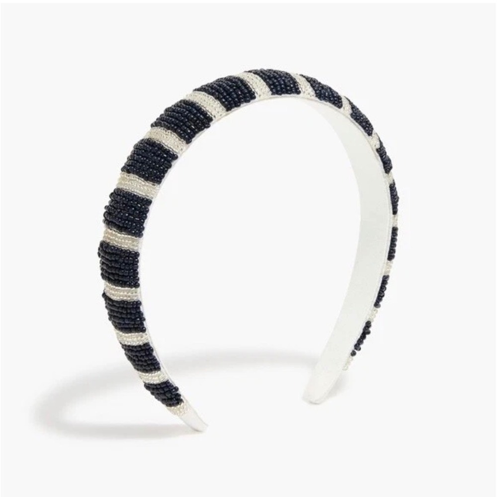 J. Crew Beaded Striped Beaded Puffy Headband Navy White Boho Chic Accessory NWT
